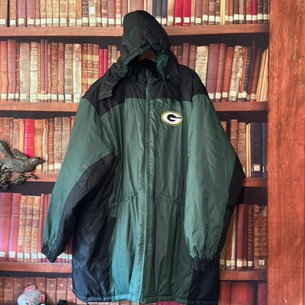 Vintage Green Bay Packers NFL Nylon Puffer Parka Coat Hood Green Football